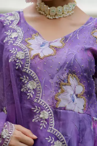 Vaasva women purple  embroidered anarkali kurta with solid pant & dupatta