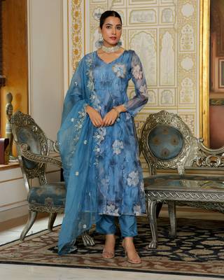 Vaasva women blue  embroidered anarkali kurta with solid pant & dupatta 1