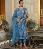 Vaasva women blue  embroidered anarkali kurta with solid pant & dupatta