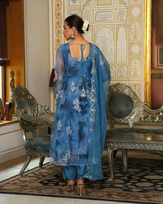 Vaasva women blue  embroidered anarkali kurta with solid pant & dupatta 2