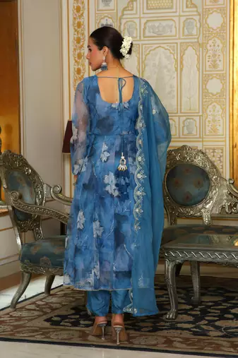 Vaasva women blue  embroidered anarkali kurta with solid pant & dupatta