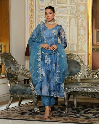 Vaasva women blue  embroidered anarkali kurta with solid pant & dupatta 3