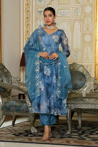 Vaasva women blue  embroidered anarkali kurta with solid pant & dupatta