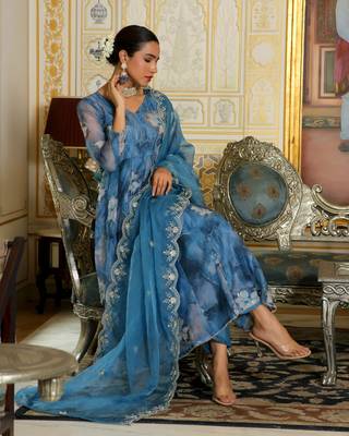 Vaasva women blue  embroidered anarkali kurta with solid pant & dupatta 4