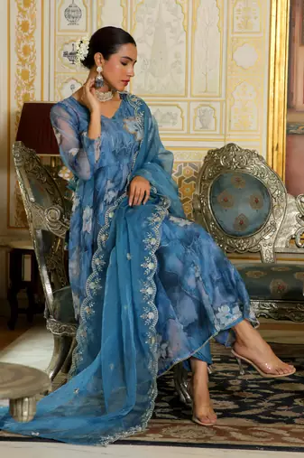 Vaasva women blue  embroidered anarkali kurta with solid pant & dupatta