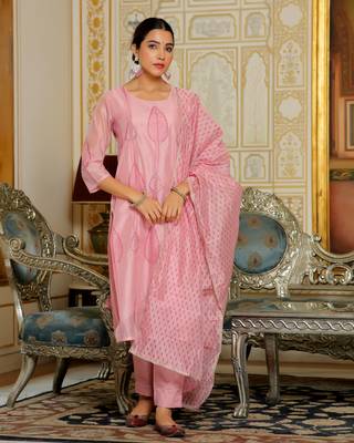 Vaasva women pink chanderi block printed embroidered kurta set with solid pants & dupatta 1