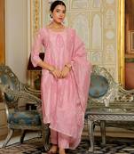 Vaasva women pink chanderi block printed embroidered kurta set with solid pants & dupatta