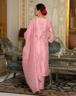 Vaasva women pink chanderi block printed embroidered kurta set with solid pants & dupatta 2
