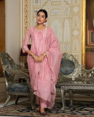 Vaasva women pink chanderi block printed embroidered kurta set with solid pants & dupatta 3