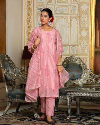 Vaasva women pink chanderi block printed embroidered kurta set with solid pants & dupatta 4