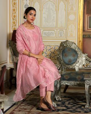 Vaasva women pink chanderi block printed embroidered kurta set with solid pants & dupatta 5
