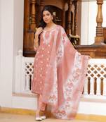 Vaasva women pink linen kurta embroidered kurta set with solid pants & dupatta