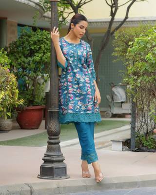 Vaasva women cyan embroidered printed  kurta set with laced solid pants 1