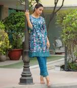 Vaasva women cyan embroidered printed  kurta set with laced solid pants
