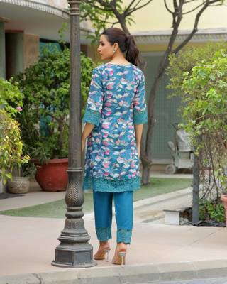 Vaasva women cyan embroidered printed  kurta set with laced solid pants 2