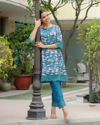 Vaasva women cyan embroidered printed  kurta set with laced solid pants 3