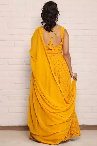 Haldi yellow chikankari lehenga choli with dupatta (set of 3)