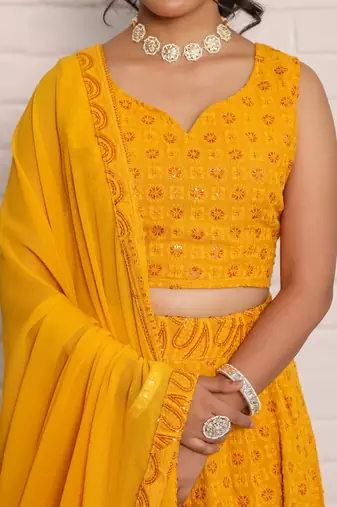 Haldi yellow chikankari lehenga choli with dupatta (set of 3)