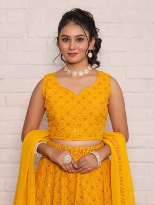 Haldi yellow chikankari lehenga choli with dupatta (set of 3) 4