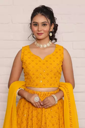 Haldi yellow chikankari lehenga choli with dupatta (set of 3)