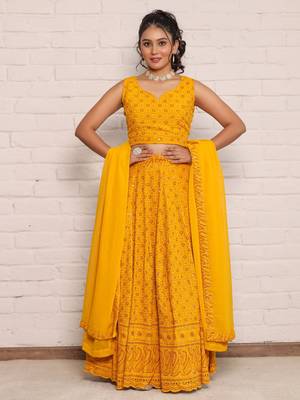 Haldi yellow chikankari lehenga choli with dupatta (set of 3) 5