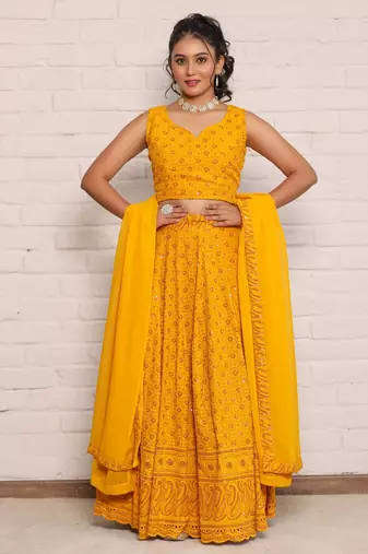 Haldi yellow chikankari lehenga choli with dupatta (set of 3)