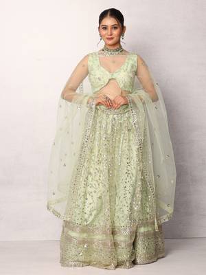 Green Designer Net Lehenga Choli with Sequins Work 1