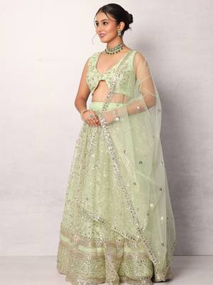 Green Designer Net Lehenga Choli with Sequins Work 2