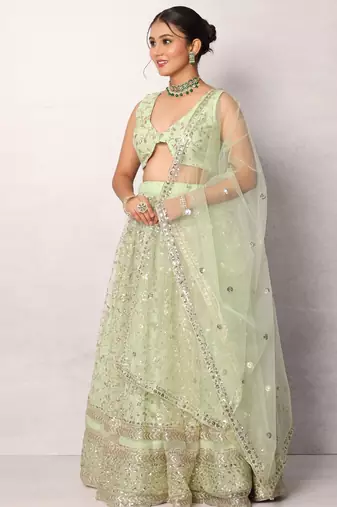 Green Designer Net Lehenga Choli with Sequins Work