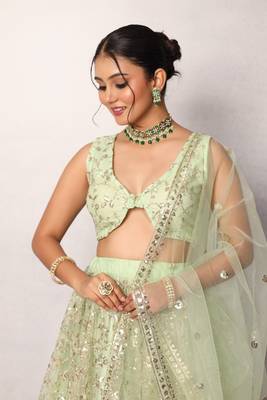 Green Designer Net Lehenga Choli with Sequins Work 3