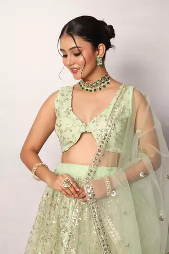 Green Designer Net Lehenga Choli with Sequins Work