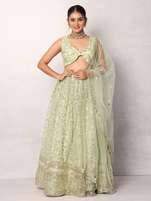 Green Designer Net Lehenga Choli with Sequins Work 4