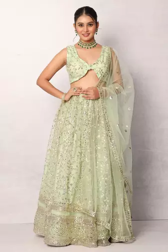 Green Designer Net Lehenga Choli with Sequins Work