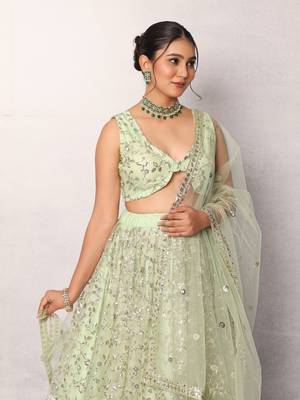 Green Designer Net Lehenga Choli with Sequins Work 5