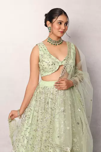 Green Designer Net Lehenga Choli with Sequins Work