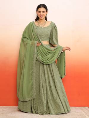Pista green chikankari lehenga choli with dupatta set(set of 3) 1