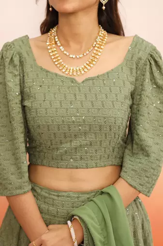 Pista green chikankari lehenga choli with dupatta set(set of 3)