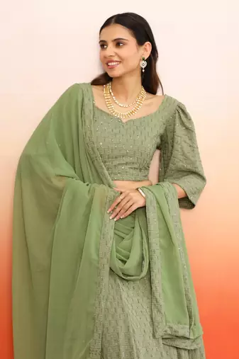 Pista green chikankari lehenga choli with dupatta set(set of 3)