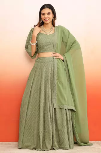 Pista green chikankari lehenga choli with dupatta set(set of 3)