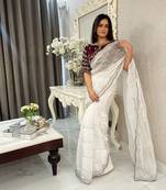 White New Designer Heavy Embrodery Work Fully Stich Blouse Saree With Pure Soft Zimmy Choo Silk Fabric