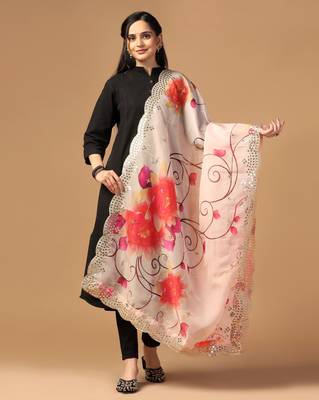 Peach Colour Stylish Floral Printed Ceremonial Organza Dupatta With Glam Mirror Work 1