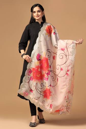 Peach Colour Stylish Floral Printed Ceremonial Organza Dupatta With Glam Mirror Work