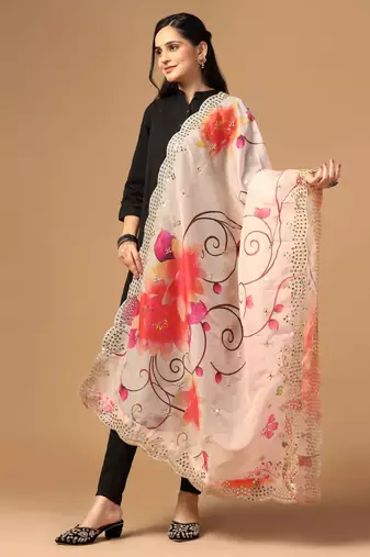 Peach Colour Stylish Floral Printed Ceremonial Organza Dupatta With Glam Mirror Work
