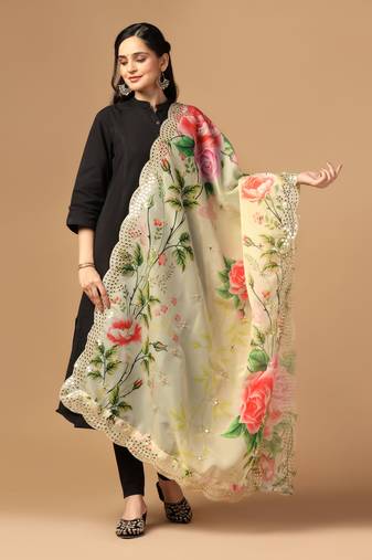 Yellow Colour Stylish Floral Printed Ceremonial Organza Dupatta With Glam Mirror Work
