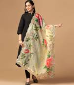 Yellow Colour Stylish Floral Printed Ceremonial Organza Dupatta With Glam Mirror Work