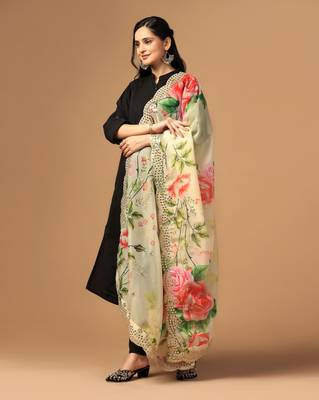 Yellow Colour Stylish Floral Printed Ceremonial Organza Dupatta With Glam Mirror Work 2