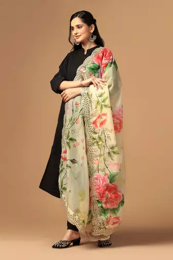 Yellow Colour Stylish Floral Printed Ceremonial Organza Dupatta With Glam Mirror Work