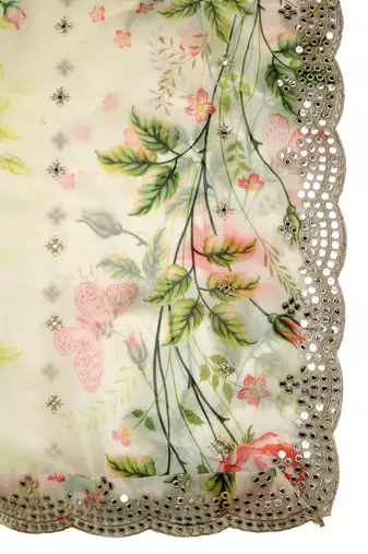 Yellow Colour Stylish Floral Printed Ceremonial Organza Dupatta With Glam Mirror Work