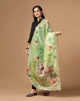 Green Colour Stylish Floral Printed Ceremonial Organza Dupatta With Glam Mirror Work 1