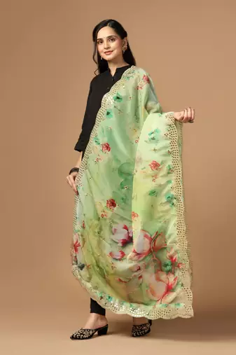 Green Colour Stylish Floral Printed Ceremonial Organza Dupatta With Glam Mirror Work